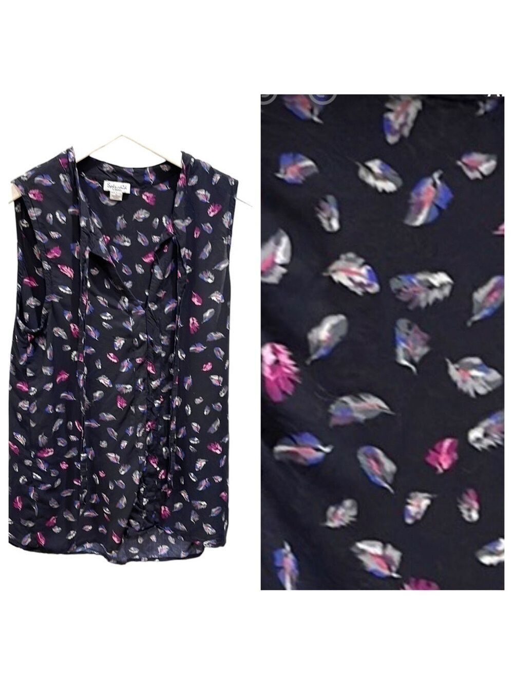 Splendid Feather Print Split Neck Sleeveless Top SZ XS Black